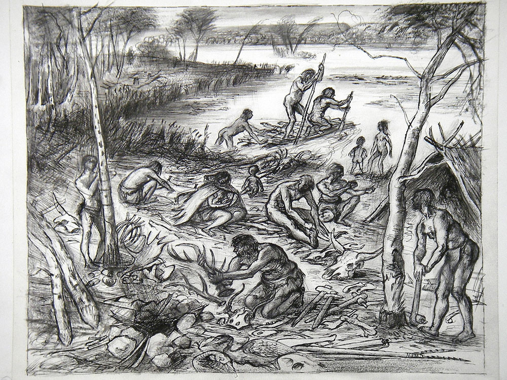 This drawing released by Manchester University shows an impression of a waterside home of nomad hunters dating back about 11,000 years.