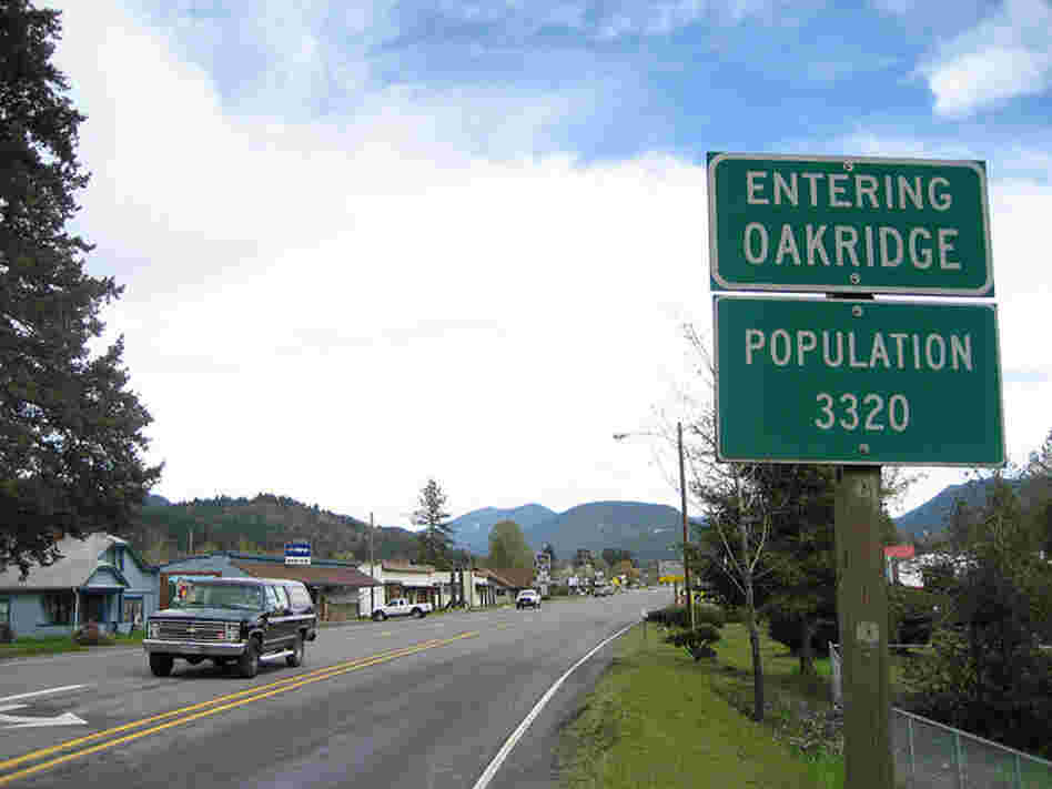 Sign for Oakridge, Oregon. Population: 3,320