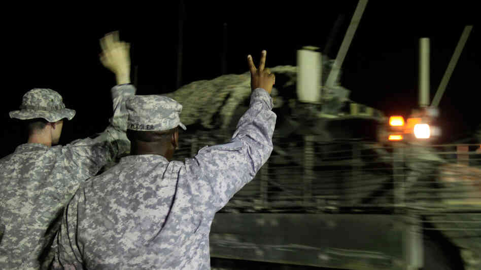 One of the last Stryker armored vehicles to leave Iraq crosses the border into Kuwait.