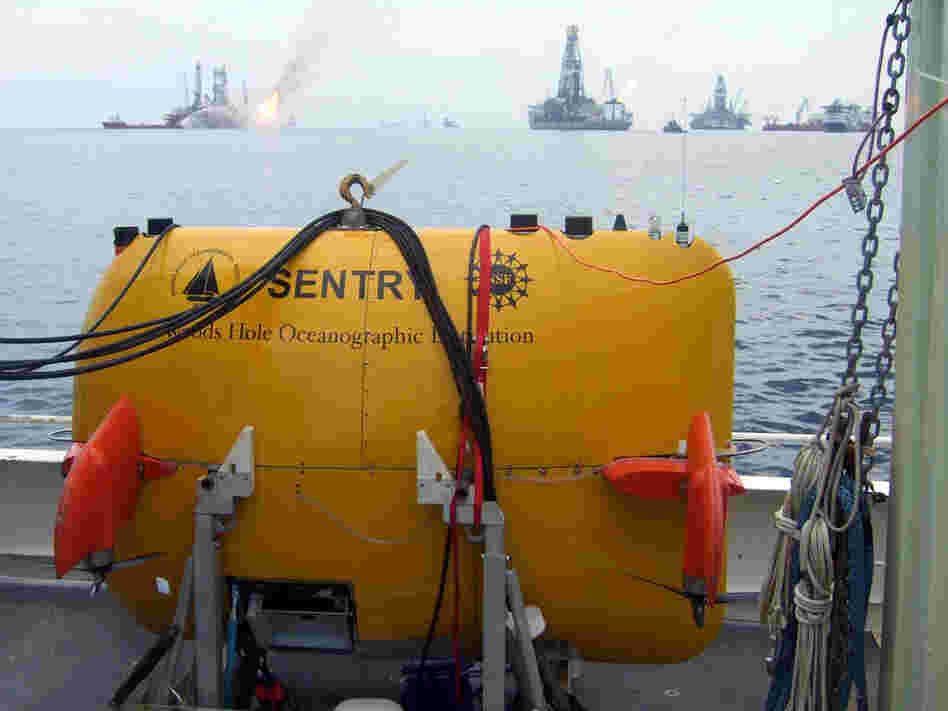 The Sentry automated underwater vehicle aboard the research vessel Endeavor.