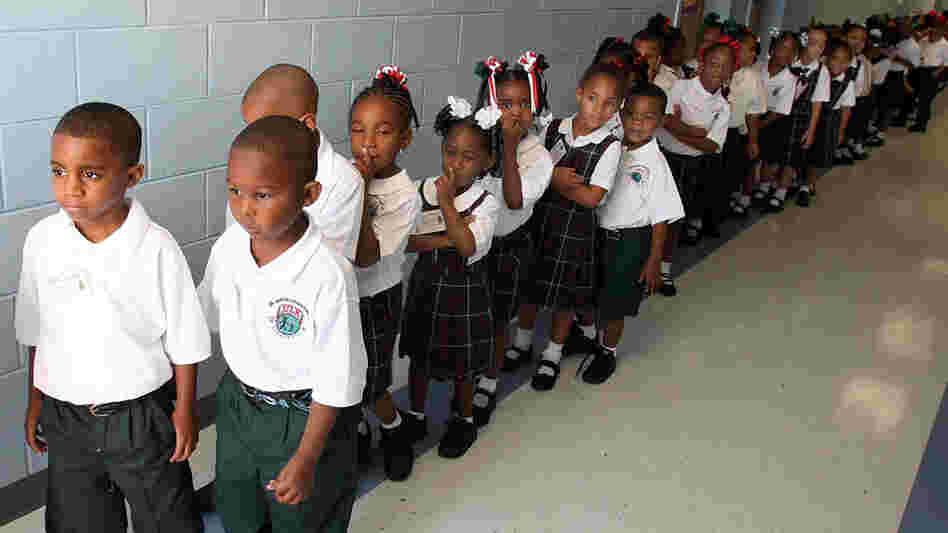 Kindergartners line up on the first day of school at Dr. Martin Luther King Jr. Charter School.