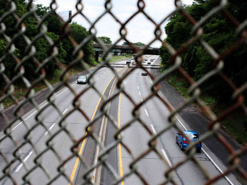 A bridge overlooks where I-95 crosses the Pennsylvania Turnpike.