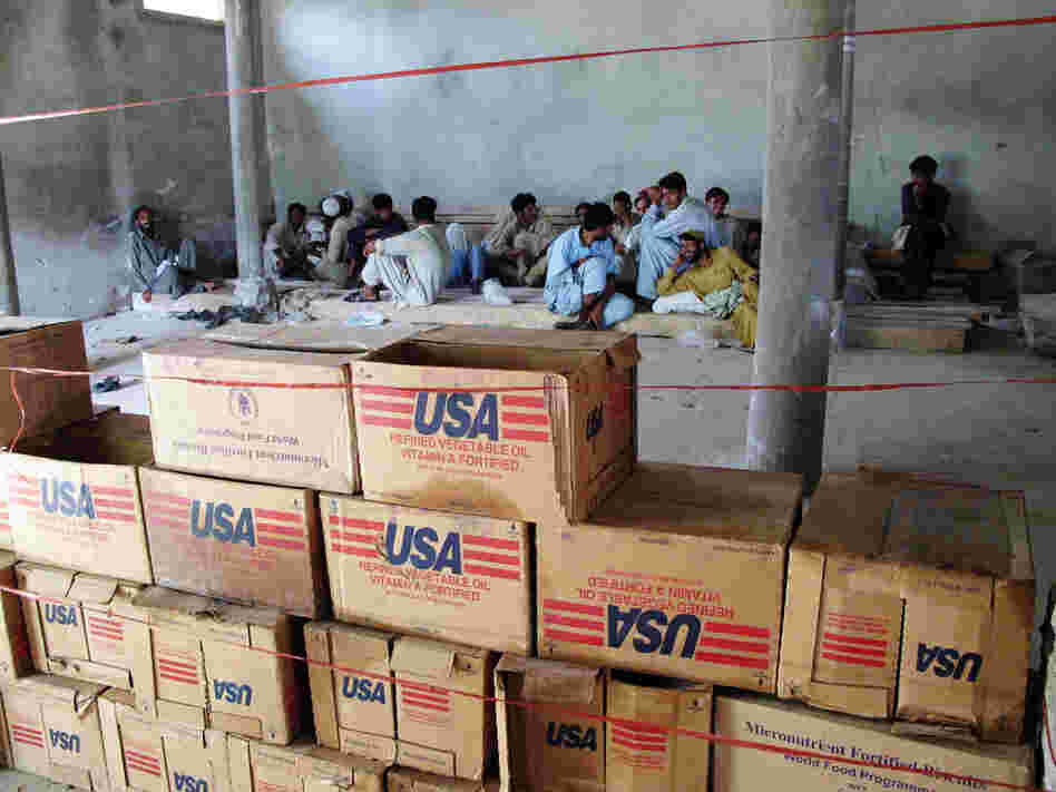Emergency food aid is stockpiled at a distribution center