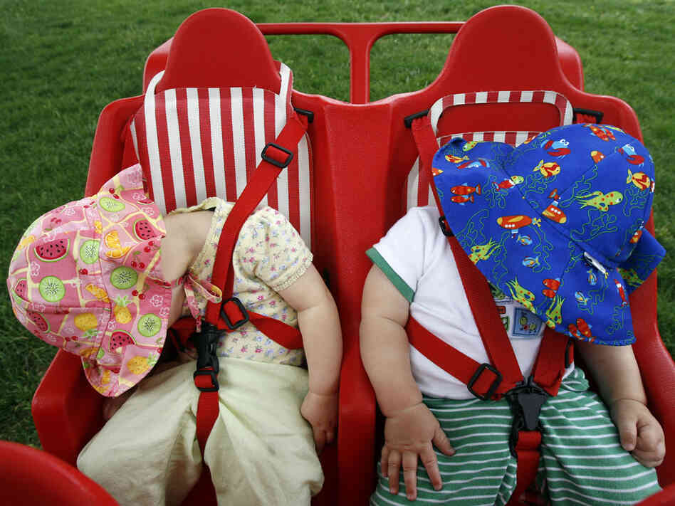 Two babies nap in their multiple-child stroller on the National Mall in Washington, D.C., in 2007