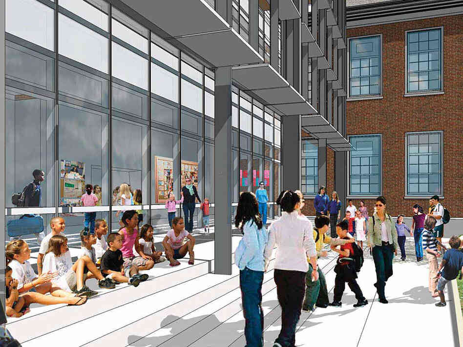 The architect's rendering of the porch of recently renovated Stoddert Elementary School in Washington, D.C.