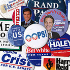 A collage of  campaign buttons.