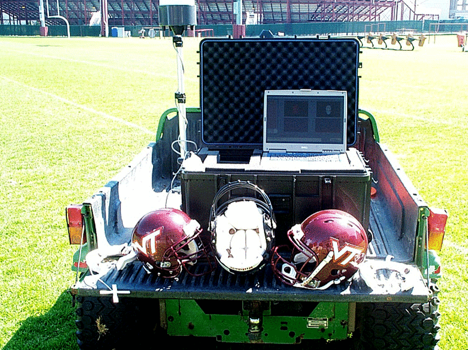 The sideline unit in the HIT System receives data from sensors inside players' football helmets.