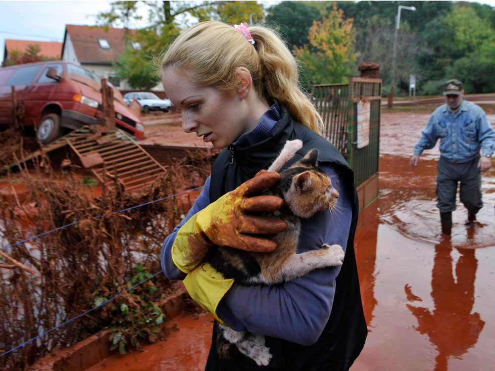 Tunde Erdelyi saves her cat from the toxic sludge.