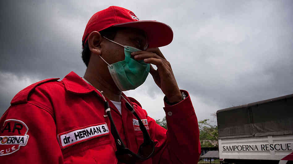 Aid workers near Mount Merapi Aid workers near Mount Merapi