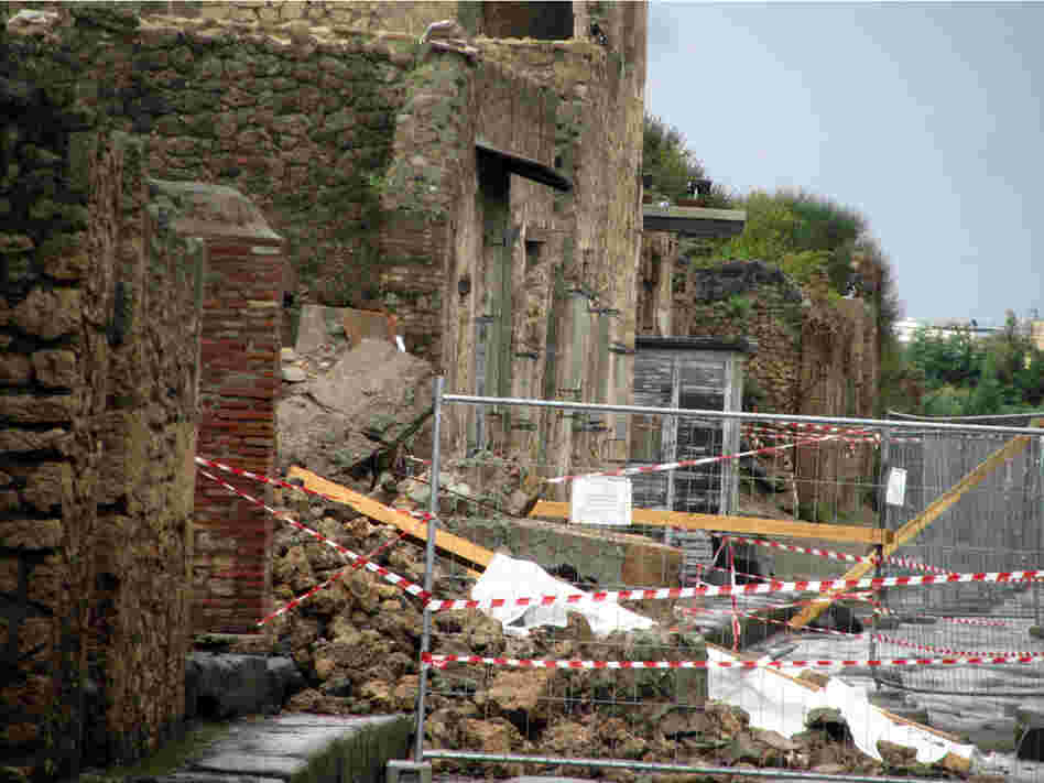 Debris at the scene of the House of the Gladiators in Pompeii, Italy.