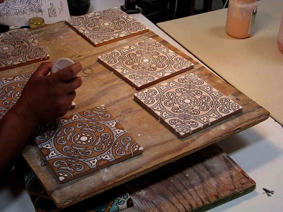Handpainting of Cuerda Seca Decorative Tiles on "Debris Series" recycled tile, San Jose, Calif.