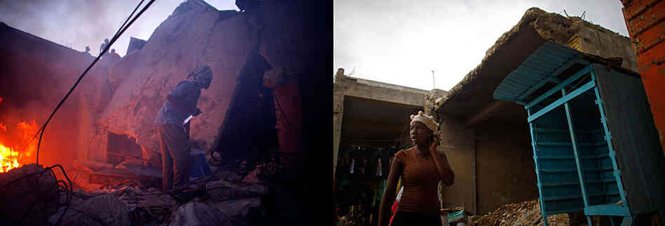 A man wielding a knife checks for looters in the ruins of a shop near downtown Port-au-Prince on Jan. 17, 2010. A year later, the collapsed roof has been removed. Street vendors and shoppers are using the area. A man wielding a knife checks for looters in the ruins of a shop near downtown Port-au-Prince on Jan. 17, 2010. A year later, the collapsed roof has been removed. Street vendors and shoppers are using the area.
