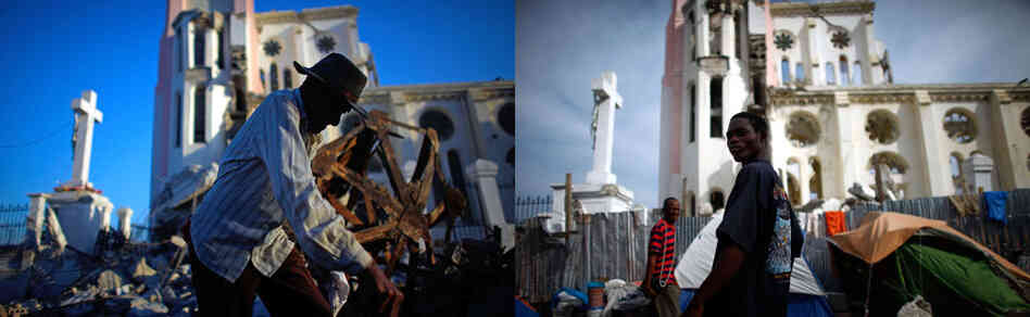 A Haitian man walks past Our Lady of Assumption Catholic Church, in complete ruins in downtown Port-au-Prince on Jan. 17, 2010. Very little has changed and no demolition has taken place, as seen in this Jan. 8 image. A Haitian man walks past Our Lady of Assumption Catholic Church, in complete ruins in downtown Port-au-Prince on Jan. 17, 2010. Very little has changed and no demolition has taken place, as seen in this Jan. 8 image.
