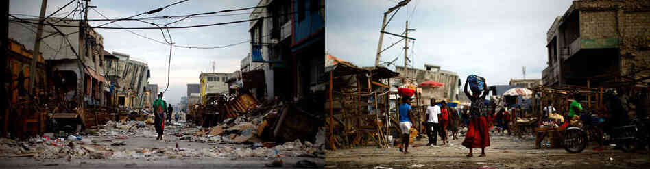 A man walks through the destroyed central market of downtown Port-au-Prince on Jan 14, 2010. A year later, on Jan. 8, some of the rubble has been removed. A man walks through the destroyed central market of downtown Port-au-Prince on Jan 14, 2010. A year later, on Jan. 8, some of the rubble has been removed.