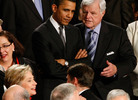 January 2008: Presidential hopeful Sen. Barack Obama (D-IL) confers with Sen. Edward Kennedy (D-MA). January 2008: Presidential hopeful Sen. Barack Obama (D-IL) confers with Sen. Edward Kennedy (D-MA).
