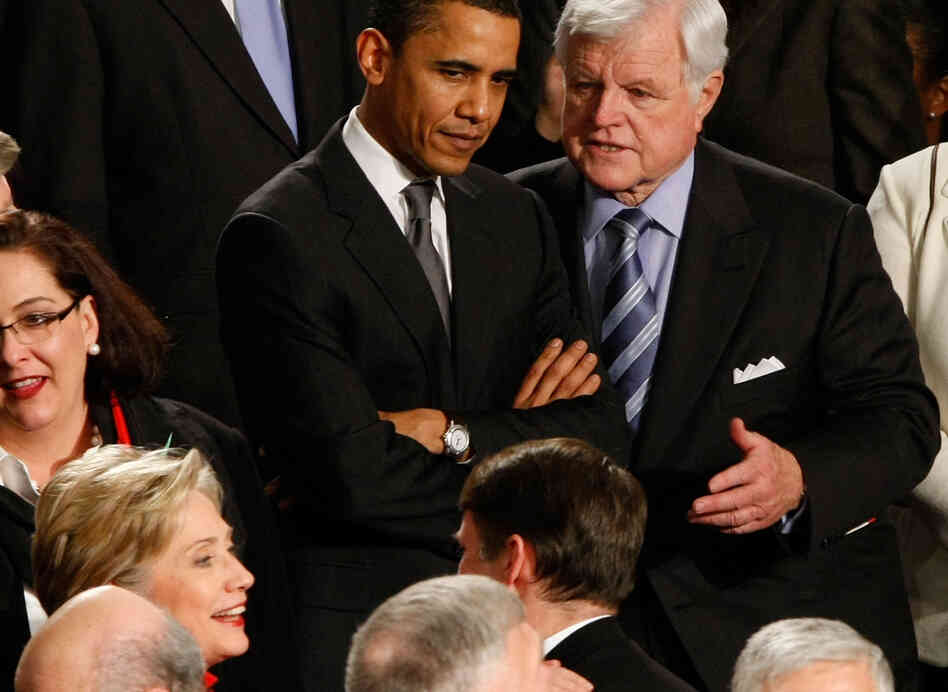 January 2008: Presidential hopeful Sen. Barack Obama (D-IL) confers with Sen. Edward Kennedy (D-MA).