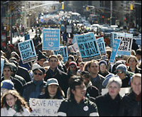 Demonstrators march during an anti-war protest in New York.