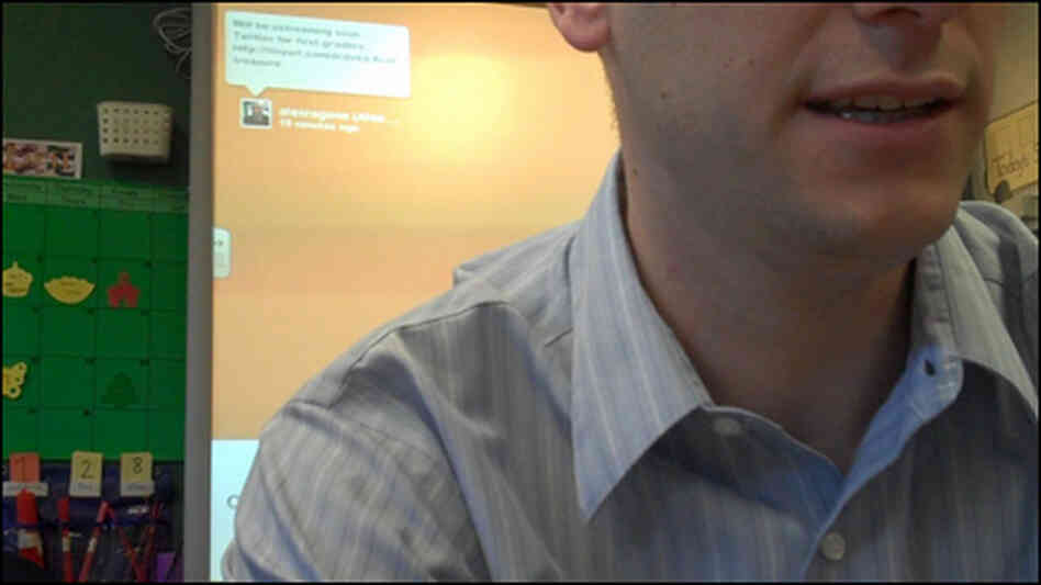 A snapshot of a video Alex Ragone took of himself setting up a Twitter project for first graders whe A snapshot of a video Alex Ragone took of himself setting up a Twitter project for first graders whe