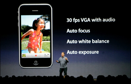 Apple's Phil Schiller talks about the the video features on the new iPhone 3GS in San Francisco, Monday, June 8, 2009. Photo: AP Photo/Jeff Chiu.