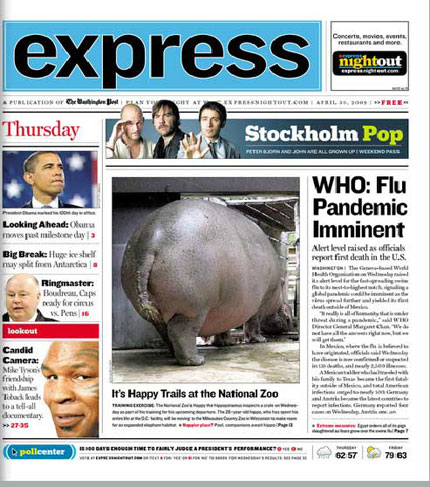 the cover of the Washington Post Express showing giant hippo butt next to flu story.