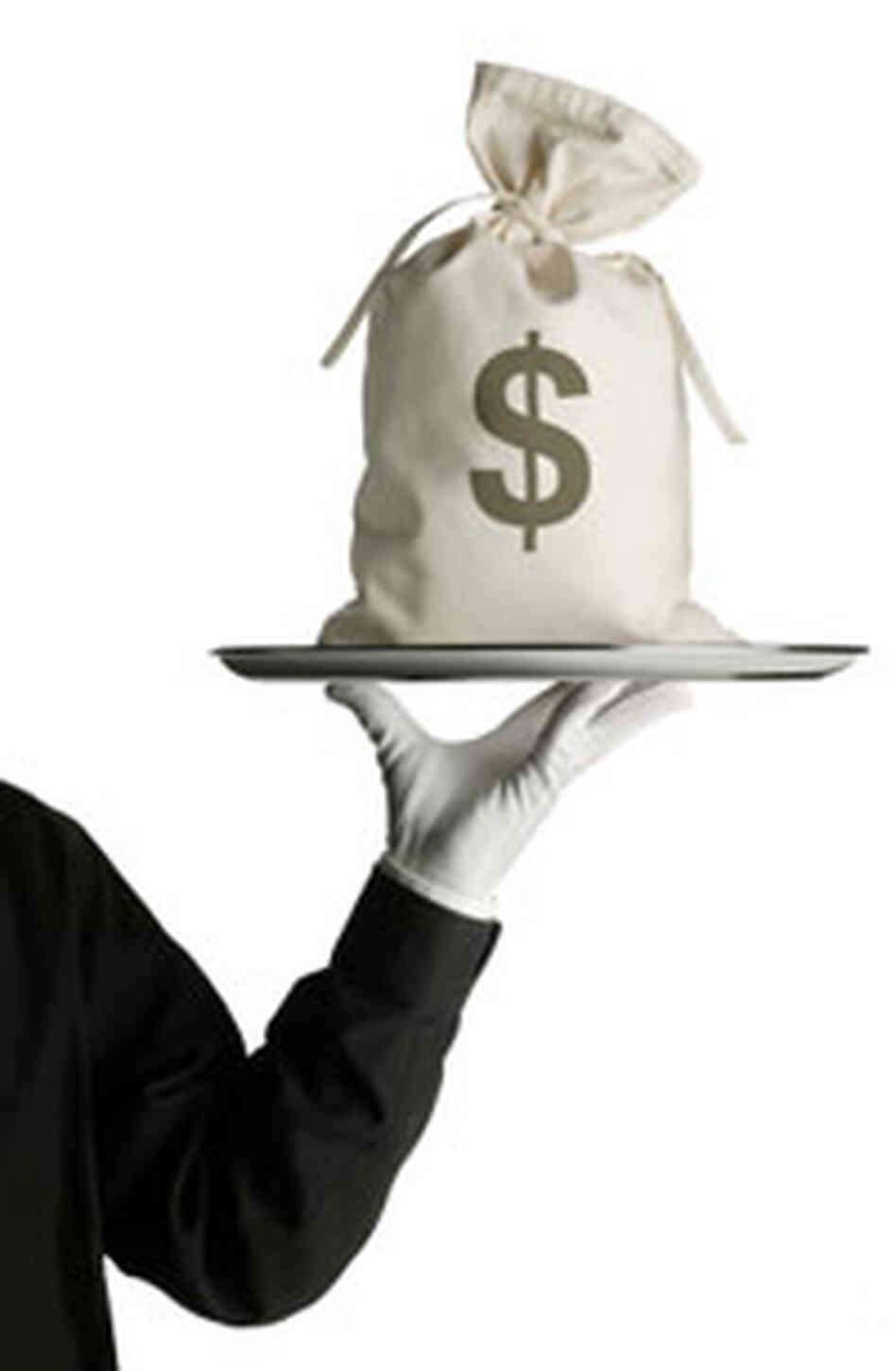 butler holds tray of money butler holds tray of money