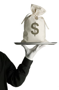 butler holds tray of money