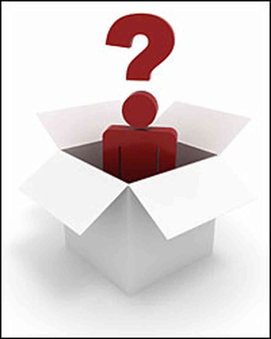 a big red question-mark guy in a box. a big red question-mark guy in a box.