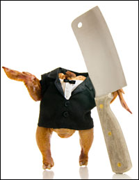 Turkey wearing a tux and holding a butcher knife