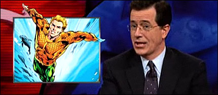 Stephen Colbert with Aquaman image.