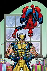 Spiderman with Wolverine tied up in Christmas lights.