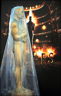 An Oscar statue covered in plastic