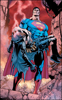 Superman carrying dead Batman