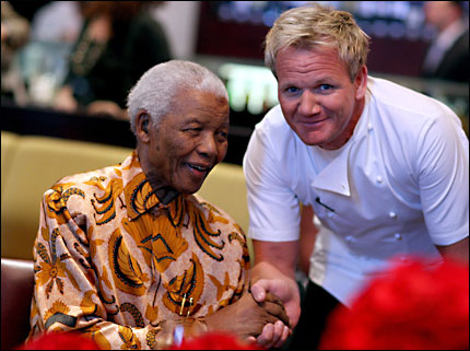 Nelson Mandela shaking hands with Gordon Ramsay