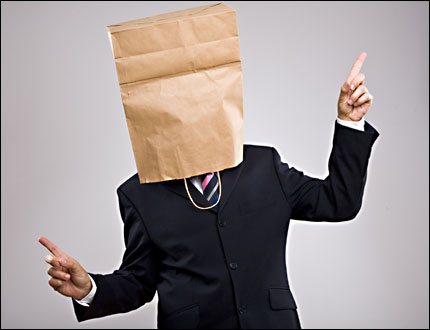 a man with a paper bag over his head