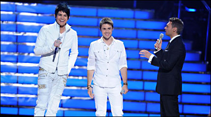 American Idol finalists Adam Lambert and Kris Allen, and host Ryan Seacrest