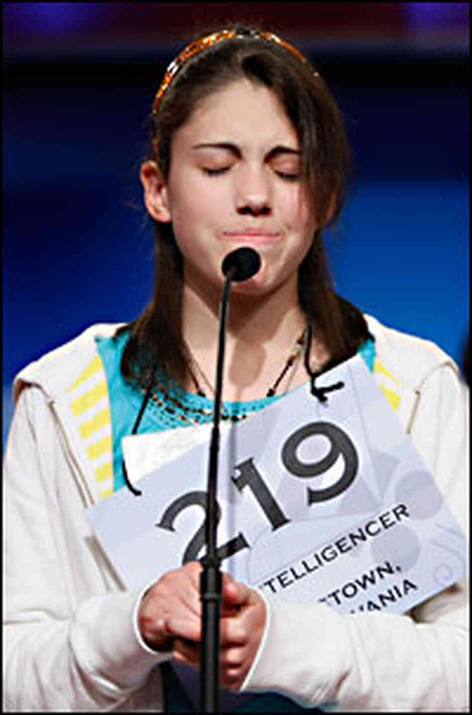 Emily Fletcher agonizes over spelling a word at the Scripps National Spelling Bee Emily Fletcher agonizes over spelling a word at the Scripps National Spelling Bee