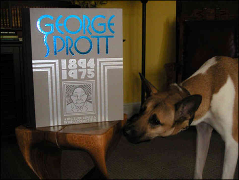 a dog sniffing a copy of the very big book 'George Sprott' a dog sniffing a copy of the very big book 'George Sprott'