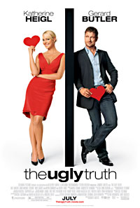 Katherine Heigl and Gerard Butler on the poster for 'The Ugly Truth,' where she holds a heart next to her head, while he holds a heart over his crotch'