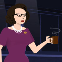 a cartoonish representation of a dark-haired woman with glasses and a cup of coffee.