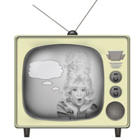 A surprised face in a television screen.