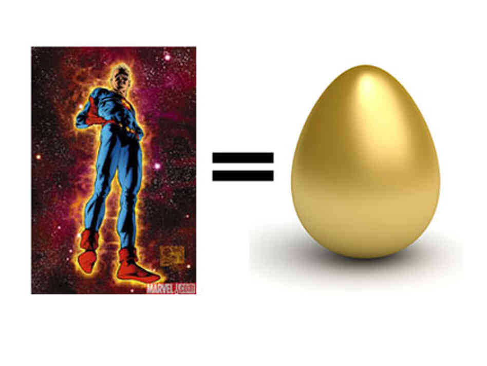 Marvelman, an equals sign, and a golden egg. Marvelman, an equals sign, and a golden egg.