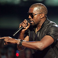 Kanye West addresses the audience after interrupting Taylor Swift at the MTV Video Music Awards.