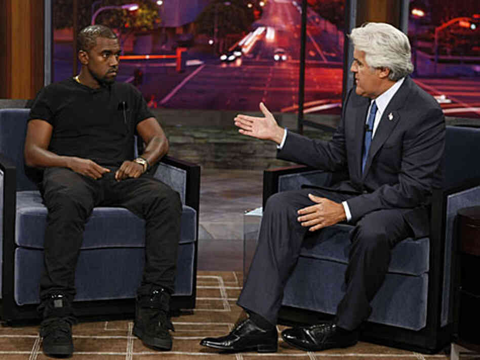 Kanye West and Jay Leno talk on the first night of Leno's new show. Kanye West and Jay Leno talk on the first night of Leno's new show.