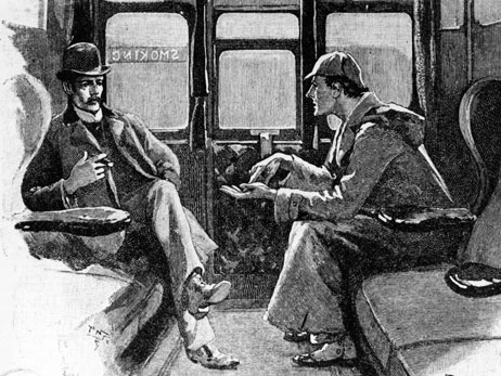 A drawing, dated approximately 1880, of Sherlock Holmes and his assistant, Watson.