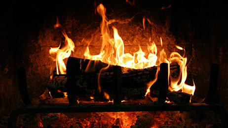 a crackling fireplace
