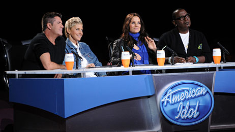 American Idol judges Simon Cowell, Ellen DeGeneres, Kara DioGuardi, and Randy Jackson.