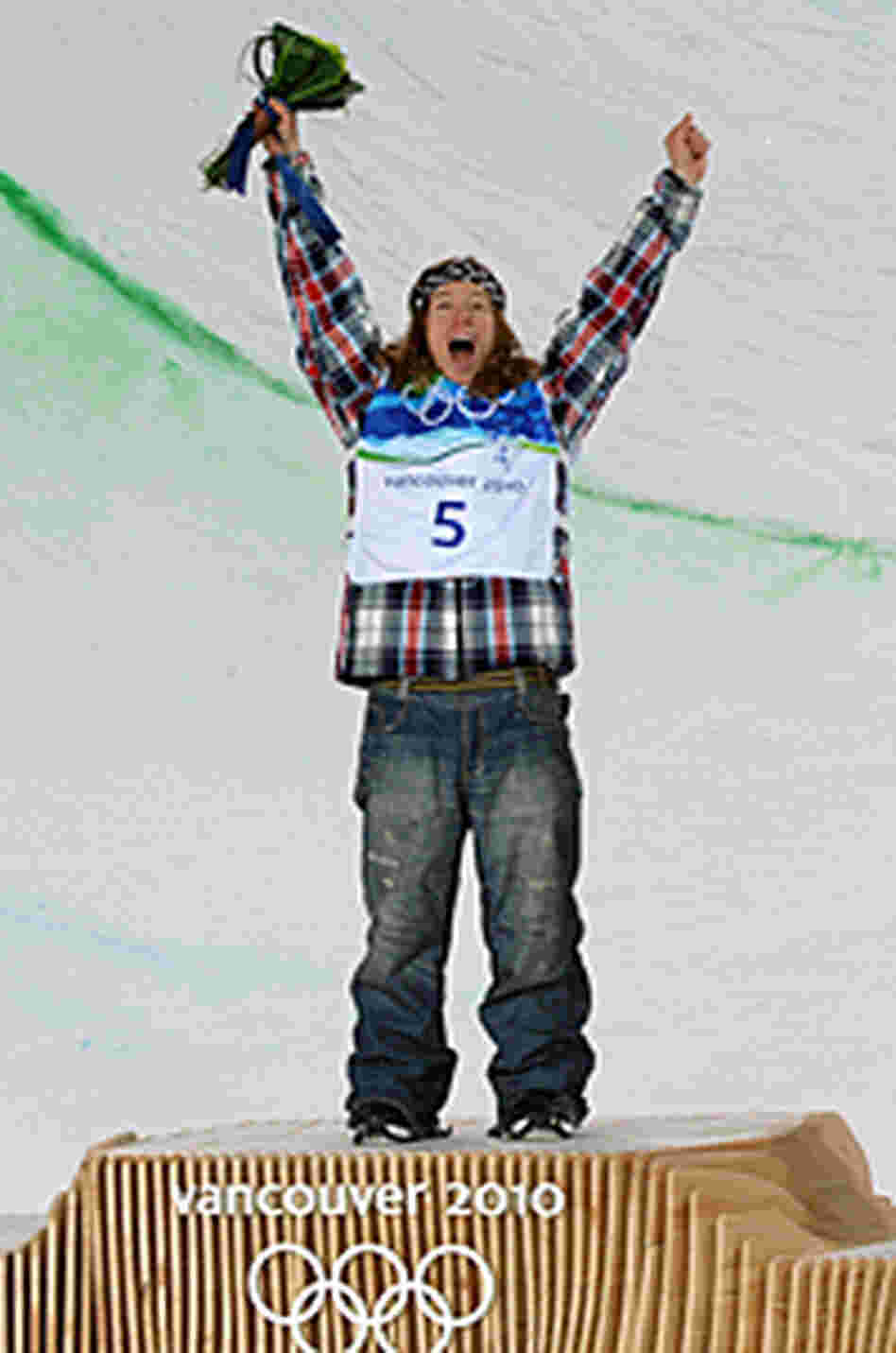 Shaun White celebrates his snowboarding gold medal. Shaun White celebrates his snowboarding gold medal.