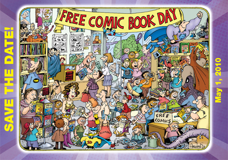A Sergio Aragones illustration of happy people enjoying Comic Book Day.