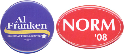 Al Franken and Norm Coleman campaign buttons.