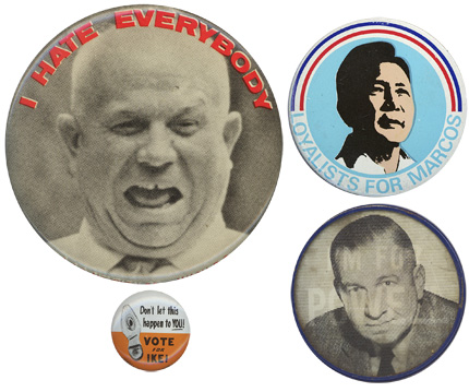 Four shoe related campaign buttons.
